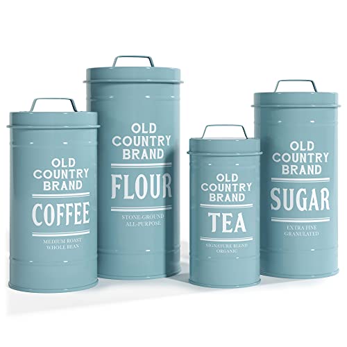 Barnyard Designs Decorative Nesting Kitchen Canister Jars with Lids, Seafoam Blue Metal Rustic Vintage Farmhouse Container Decor for Flour Sugar Coffee Tea Storage, Set of 4, Largest is 14 x 28.5cm