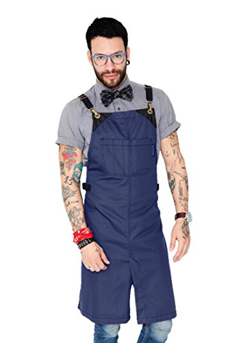 Under NY Sky Barber Indigo Blue Apron – Cross-Back with Durable Waterproof and Oil Proof Twill, Leather Reinforcement and Split-Leg – Adjustable, Men and Women, Pro Tattoo, Stylist, Bartender Aprons