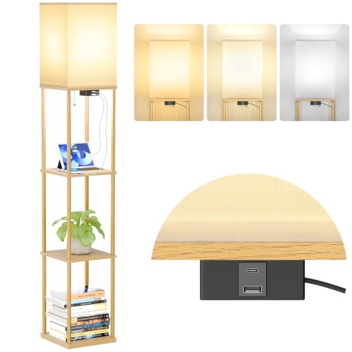 Coucrek Shelf Floor Lamp with Charging Station, 3CCT Bulb Included, Wood at Amazon