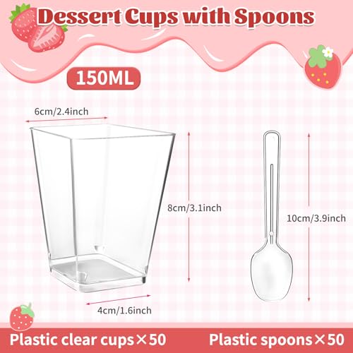 Hsxfl Pack of 50 Plastic Dessert Glasses, 150 ml Dessert Cups Plastic with Spoons, Clear Dessert Bowls, Reusable, Square Dessert Cups, Trapezoid Cups for Desserts, Pudding, Family Desserts