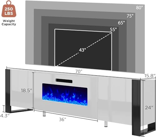 Jocisland 70" Fireplace TV Stand with 36" Electric Fireplace, Entertainment Center with High Gloss Doors & LED Lights, Modern Entertainment Stand for TVs up to 80", All White