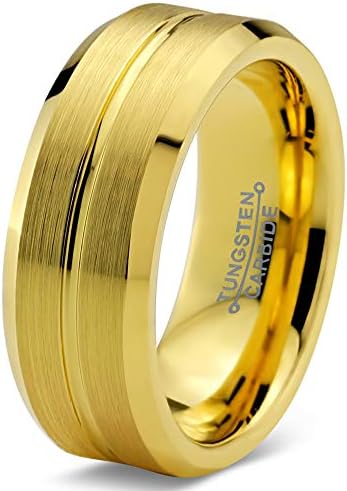 Tungsten Wedding Band Ring 8mm Men Women Comfort Fit Grey Black 18K Yellow Gold Plated Bevel Edge Brushed Polished