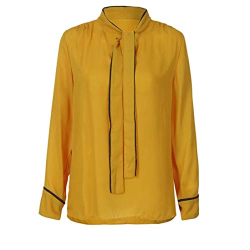 KFSO Women Autumn O Neck Long Sleeve Chiffon Bandage Tie Top Casual Blouse Tops T-Shirt (Yellow, M)