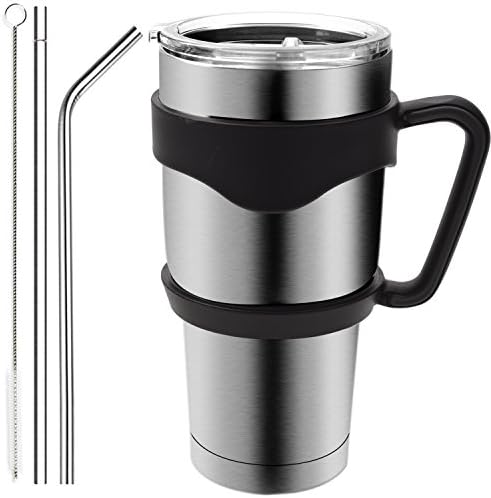 30 oz Stainless Steel Premium Double Walled Vacuum Insulated Thermal Travel Mug with Handle, Sliding Lid, 2 Straws, Cleaning Brush + Free Gift