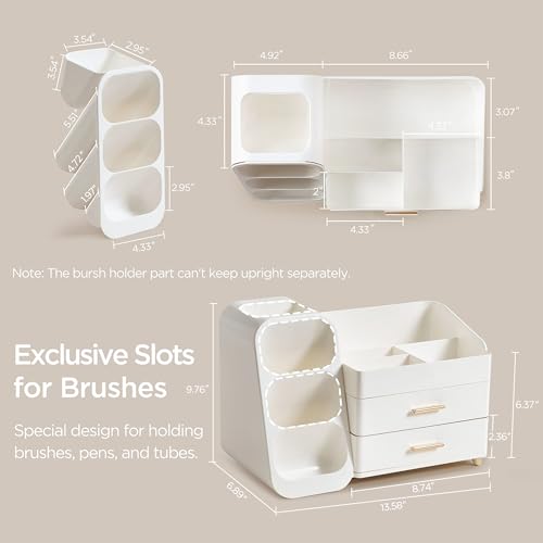 HBlife Makeup Cosmetic Organiser with Drawers, Brush Organiser, 3-in-1 Plastic Cosmetic Storage Box, Makeup Storage Box, Large Storage, White