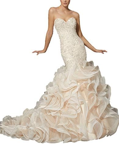 Sweetheart Mermaid Stack-up Tulle Wedding Dress Beaded Lace Ruffles Bridal Gown White