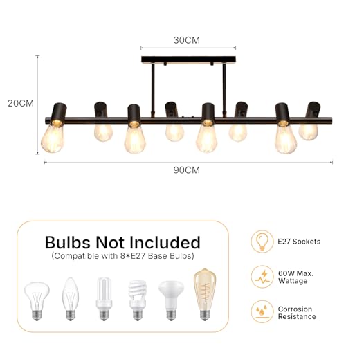 VivaLet Dining Table Pendant Ceiling Lamp with 8 Bulbs, E27 Base, Black, Swivel Head, Height Adjustable Industrial Pendant Lamp for Dining Room, Kitchen, Bar, Restaurant