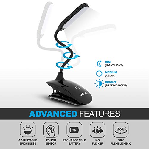 UBIKORT Book Light, LED Clip on Reading Light, Flexible Book Reading Lamp, USB Rechargeable Bedside Desk Lamp with 3 Levels Brightness, Touch Switch, Eye Protection for Reading in Bed (Black)
