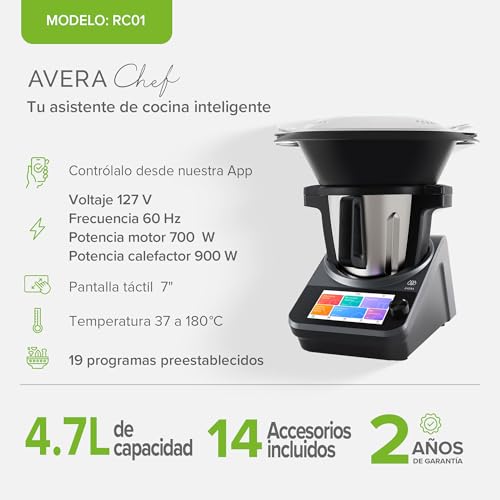 AVERA Chef Robot de Cocina Inteligente Capacidad 4.7 L, Control WIFI y pantalla táctil con 1850 recetas digitales,19 programas, 30 Funciones como: vaporera, batir, amasar, picar, pesar | RC01