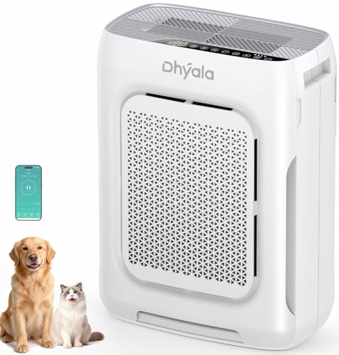 Dhyala Air Purifier Allergy Sufferers Air Purifier HEPA Air Filter with Washable Double Filter, CADR 450 m³/h, Smart WiFi, 20 dB Sleep Mode, AQI Display, Aroma, Timer, Against Dust Pollen, Pets