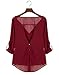 POSESHE Women's V-Neck Button Detail Dip Back Solid Blouse Top (XL, Red)