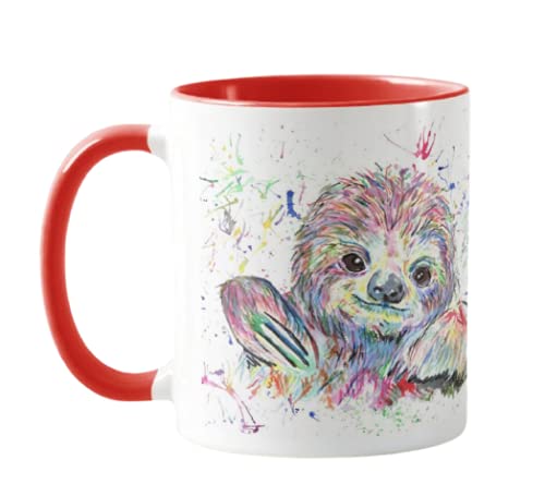 Vixar Sloth Watercolour Rainbow Art Coloured Mug Cup, Gift, Birthday, Work, Office, Christmas Tea Coffee (Red)