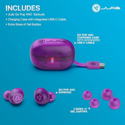 JLab Go Pop ANC, True Wireless Earbuds, Active Noise Cancelling, Transparent Purple
