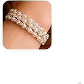 YERTTER Small Pearl 3-Row Stretch Wrap Cuff Bridals Pearl Silver Crystal Stunning Bracelet Strand Bracelet Gift for Women Brides