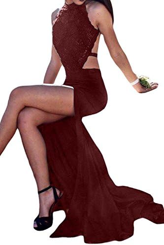 Sweet Bridal Women's Party Dresses High Neck Beaded Lace Backless Mermaid Long Prom Dress Burgundy US6