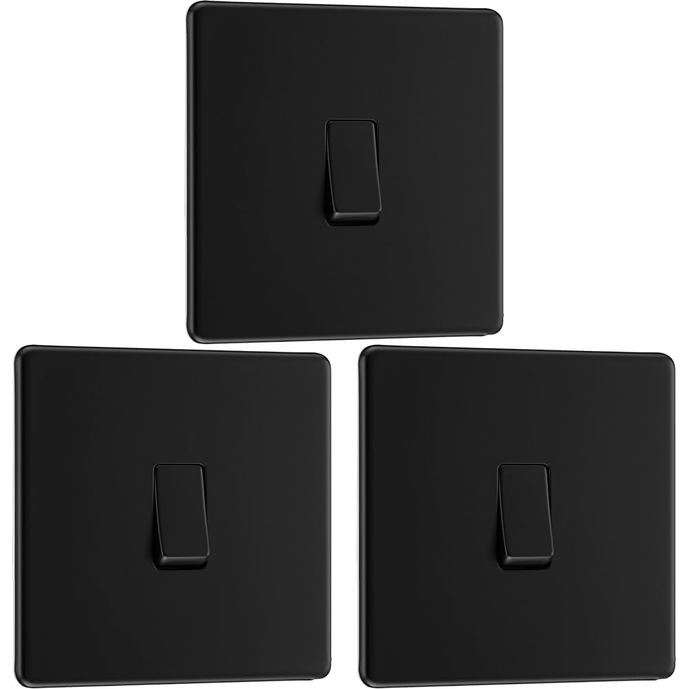 BG Electrical Screwless Single Light Switch, Matt Black, 2-Way, 16AX (Pack of 3)
