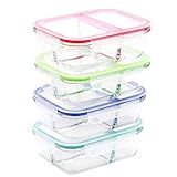 RENPHO [4-Pack, 36oz] Glass Meal Prep Containers 3 Compartment - Glass Bento Box Glass 3 Compartment Food Containers with Airtight Lids Glass Lunch Boxes - Microwave,Oven,Freezer,Dishwasher Safe