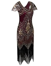 vijiv Mujer 1920 Vintage Gatsby Art Deco Vestido de lentejuelas con cuello en V de cuentas de lentejuelas con mangas