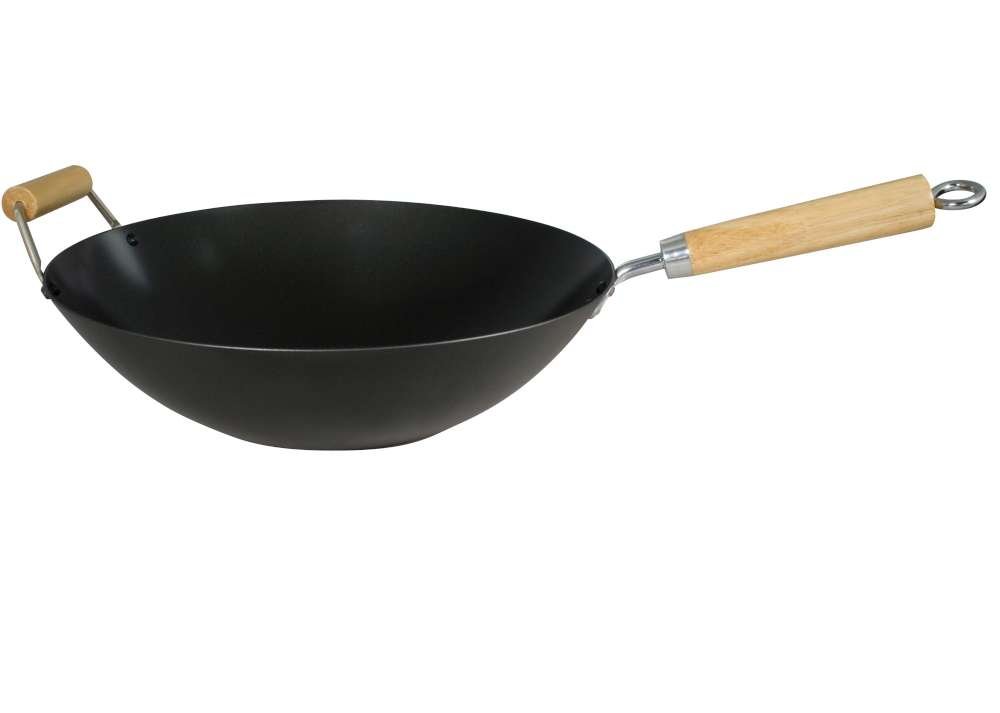 Dexam Heavy Gauge Non Stick Carbon Steel Wok with Wooden Helper Handle,Black,34cm/14-inch