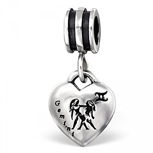 Pro Jewelry 925 Solid Sterling Silver Dangling Zodiac Sign Heart Charm Bead (Gemini)