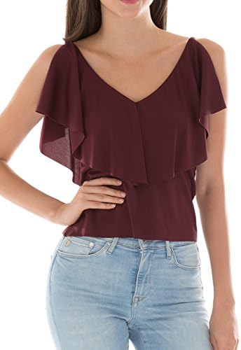 Vivalace Womens Deep V Neck Basic Design Stretchy Fabric Comfy Blouses WINE,M