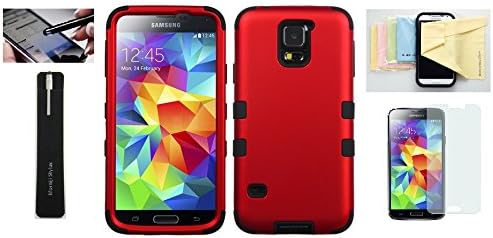 [Red Black] Samsun Galaxy S5 Phone Protective [Heavy Duty] Armor Hybrid Two Layer Cover Travel Case with Momiji® [Screen Guard] Protector, Stylus Pen, Cleaning Cloth for [Galaxy S5]