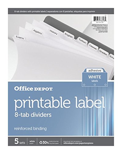 Office Depot Plain Dividers With Tabs And Labels, White, 8-Tab, Pack Of 5 Sets, 11347