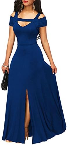 May Story Women Long Prom Party Maxi Dress V-Neck Short Sleeve Off Shoulder Front Slit