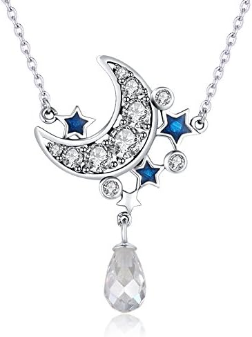 TONGZHE S925 Silver Crescent Moon and Star Pendant Necklace w/Cubic Zirconia & Adjustable 16"/17"/18" Cable Chain