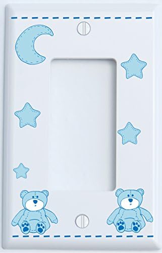 Blue Teddy Bear Light Switch Plate Single Rocker with Blue Moon and Stars/Teddy Bear Nursery Decor (Single Rocker)
