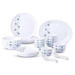 Larah by Borosil – Moon Series, Bluebell 33 Pieces Opalware Dinner Set, White