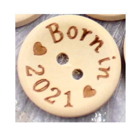 15 Wooden Buttons Round Natural with Born Print 2021 - 20 mm - 2 Holes for Sewing on DIY Handmade Scrapbooking for Children's Clothing Jackets Hats Rompers