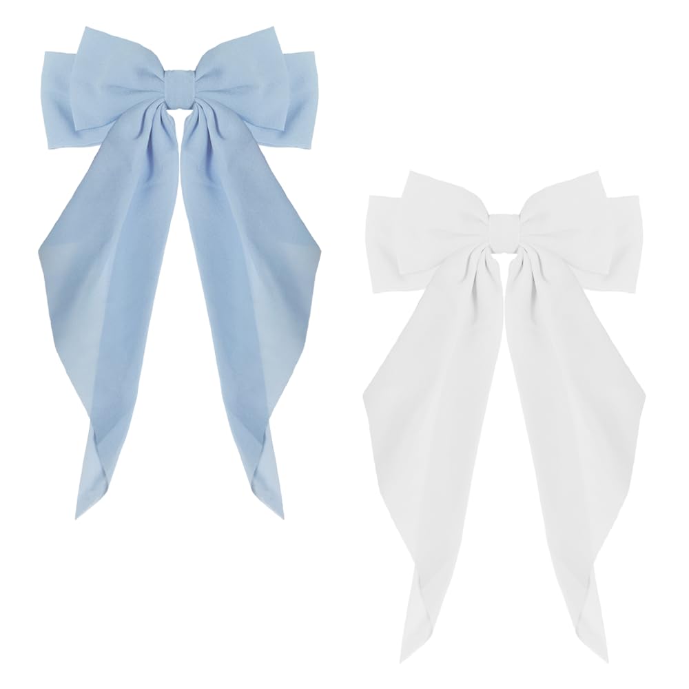 ZEVONDA 2 Pieces Big Bow Barrettes - Chiffon Hair Bow Clips French Bowknot with Long Tail Solid Color Bowknot Metal Hairpin Women Girl (Blue+White)