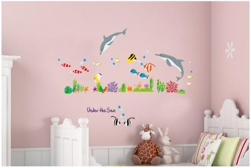 Wallmates Home Decor Mural Vinyl Wall Sticker Dolphin Fish Colorful Coral under the Sea Kids Nursery Room Wall Art Decal Paper