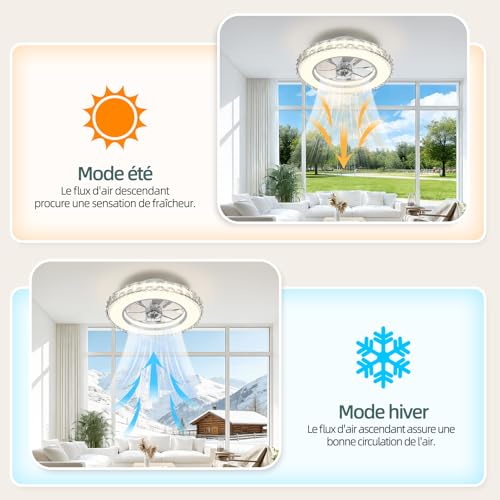 Ateroll Crystal Ceiling Fan with Light Ø43.5 cm, 3000K-4000K-6500K+RGB, 6 Adjustable Ventilation Speeds with Remote Control, Timer, Memory Light, Reversible Fan