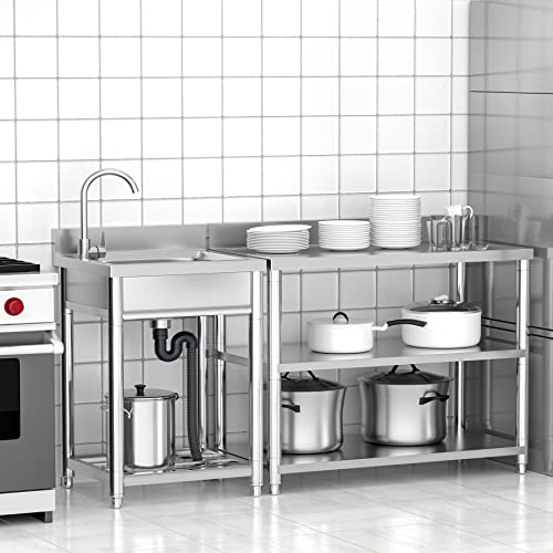 Vockol Professional Stainless Steel Kitchen Sink with 1 Basin, 55 x 50 x 94 cm, Freestanding Stainless Steel Sink with Tap and Accessories, Outdoor and Indoor Sink, Stainless Steel Sink for Kitchen, Restaurant, Garage, Garden