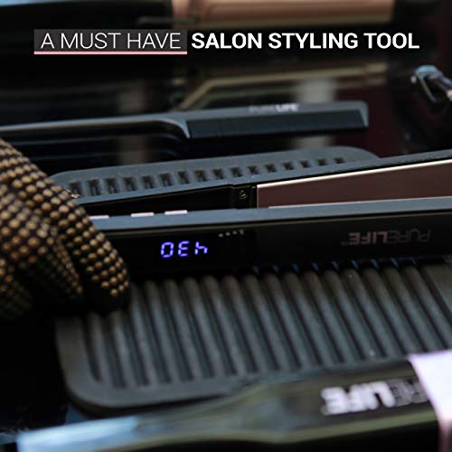 Hair Straightener by PureLife | 1 Inch Professional Tourmaline, Ceramic & Titanium Flat Iron | 8 Pc Set: Hair Brush, Heat Resistant Glove, Silicone Mat, 2 Hair Clips, Tail Salon Comb & Travel Pouch