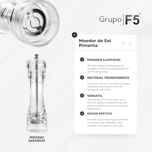 Moedor de Sal Grosso Pimenta do Reino e Especiarias Ajustável em Acrílico Transparente com Cerâmica Resistente Churrasco e Cozinha Diária