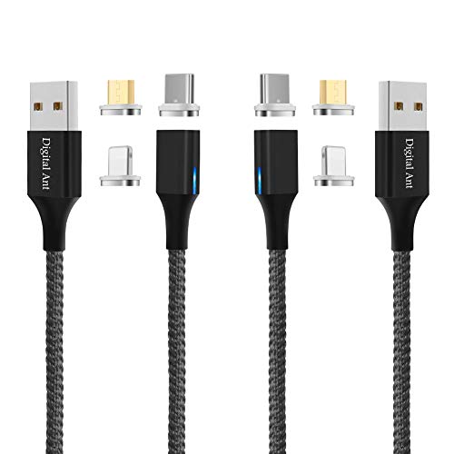 Digital Ant Gen-X Micro USB + USB-C/Type-C + i-Product 3 Tips in 1 Nylon Braided Magnetic Charging Cable, Support 3.0A Fast Charging & Data Transfer (5-Feet Grey 2-Pack, 5 Feet)