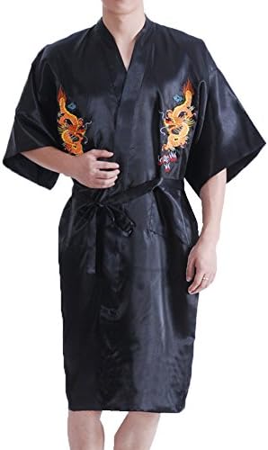 QYQS Men's Chinese Dragon Embroidered Satin Kimono Yukata Long Robe Soft Loungewear Nightgown Pajamas with Pockets Black