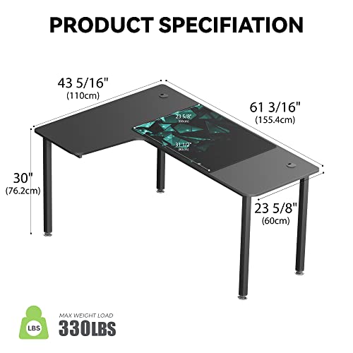 DESIGNA 60 Inch L Shaped Gaming Desk, Corner Computer Desk, Home Office Study Writing Desk