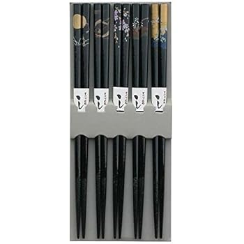 JapanBargain 3672, Bamboo Chopsticks Reusable Japanese Chinese Korean Wood Chop Sticks Hair Sticks 5 Pair Gift Set Dishwasher Safe, 9 inch, Black