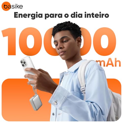 Basike Power Bank, Carregador Portátil 10000mAh 35W, 2-Saídas com Cabo Tipo-C Integrado, Bateria Externa de Carregamento Rápido PD/QC para iPhone Séries 17/16/15, Samsung S25/24/23/22 (Cinza)