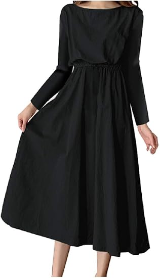 Amazon Co Jp フローライズ ワンピース レディース ミモレ丈 ドレス ロング丈 ウエスト ゴム シャーリング 無地 Fl159 ブラック S 服 ファッション小物