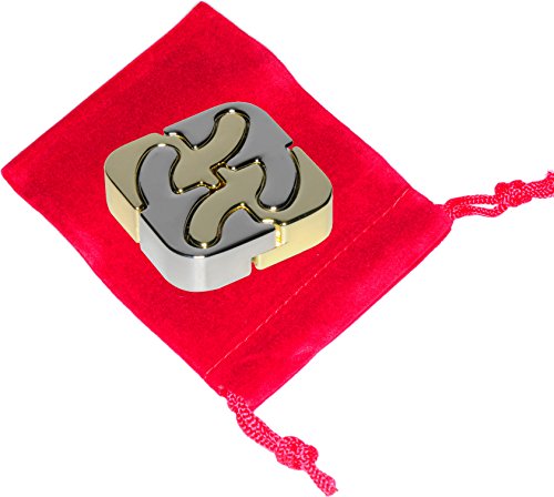 SQUARE Hanayama Cast Metal Brain Teaser Puzzle _ Bonus Red Velveteen Drawstring Pouch _(Level 6 Difficulty) _ Bundled Items