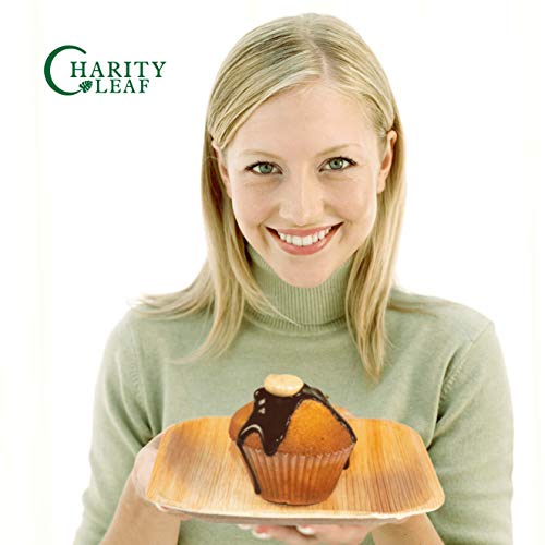 Charity Leaf 8" Disposable Palm Plate With Knife And Fork Bamboo Like Square Plates | All Natural, Biodegradable and Chemical Free | Weddings, BBQs, and Parties (25 Plates, 25 Forks, and 25 Knives)