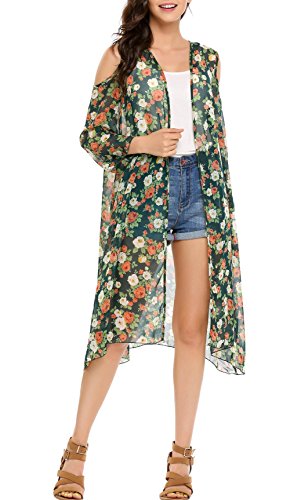 Lantusi Women Floral Chiffon Cover Up 3/4 Sleeve Beach Bikini Kimono Cardigan (L, Dark Green)