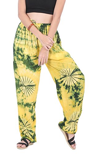 CandyHusky Women Elastic Waist Loose Fit Tie Dye Baggy Hippie Casual Yoga Pants (Green-Yellow)