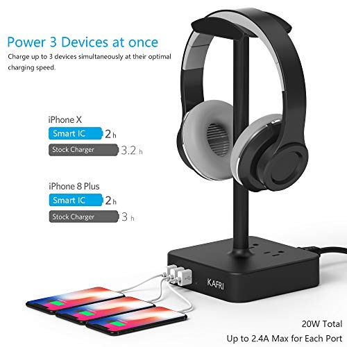 KAFRI Headphone Stand with USB Charger Desk Gaming Headset Holder Hanger Rack with 3 USB Charging Port and 2 AC Outlet - Suitable for Gamer Desktop Table Wireless Earphone Accessories