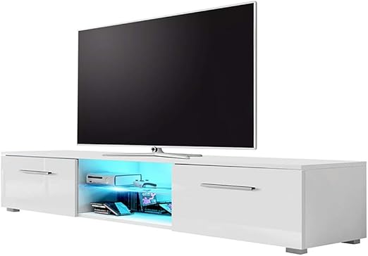 Edith Tv Lowboard Tv Bank Fernsehschrank 140 Cm Weiss Matt Weiss Hochglanz Led In Blau Amazon De Kuche Haushalt
